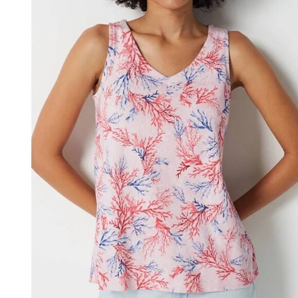 J. Jill Perfect Pima Rounded V-Neck Tank Womens SP Coral Reef Ocean Print Top - Picture 1 of 9